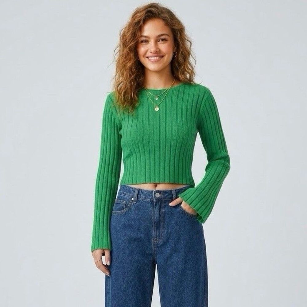 Hippie Rose Cropped Sweater Womens Small Green Ribbed Knit Long Sleeve Preppy